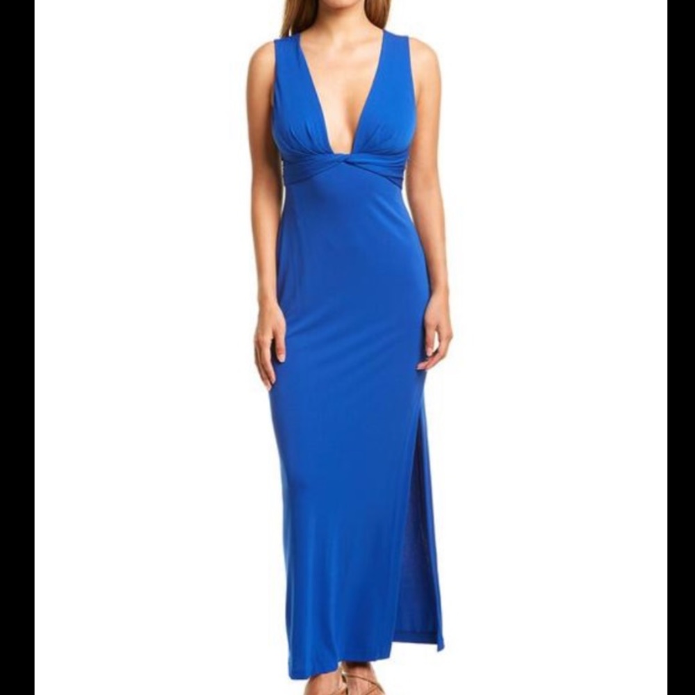 Nicole Miller NWT Blue Stretchy Matte Jersey Plunge Gown